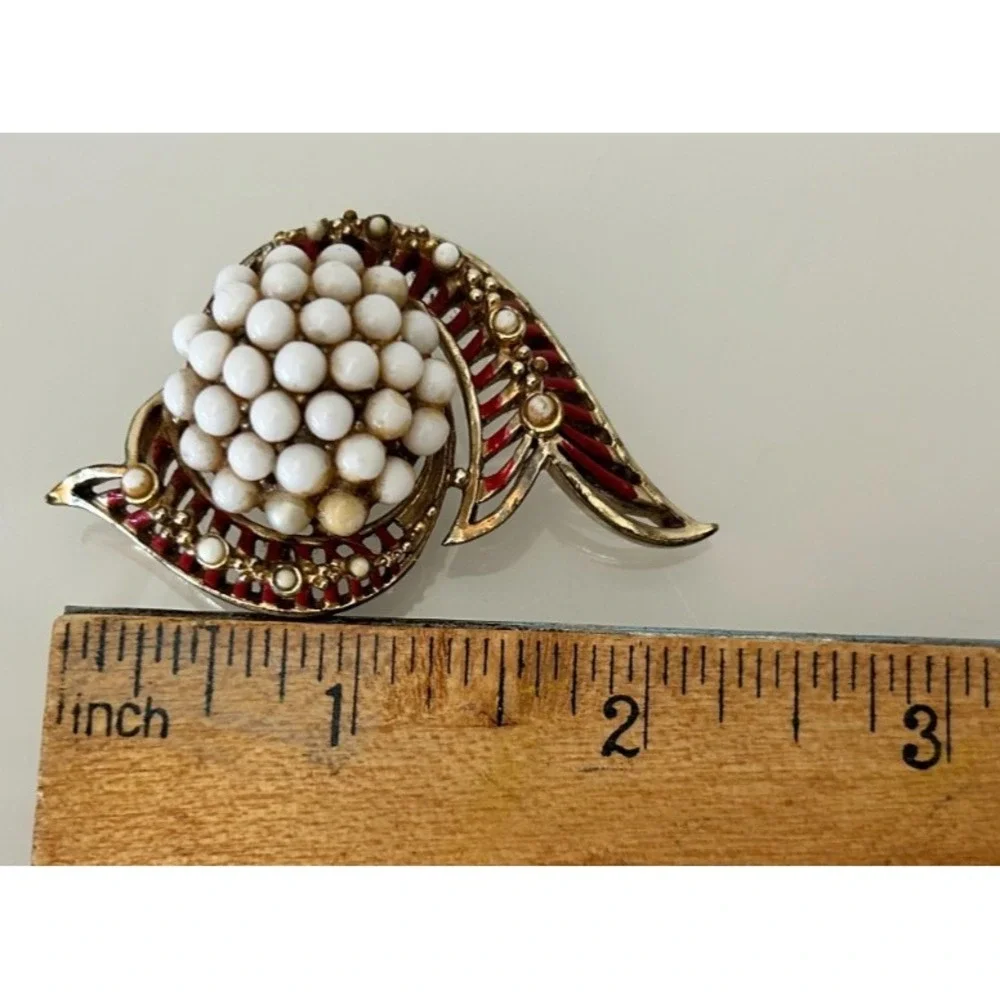 Vntage CORO Signed Spray Brooch Pin Pearl Milk Glass Bead Cluster Red Enamel 50s